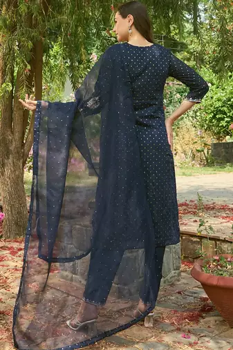 Round Neck Floral Embroidered Straight Kurta with Trouser & Dupatta