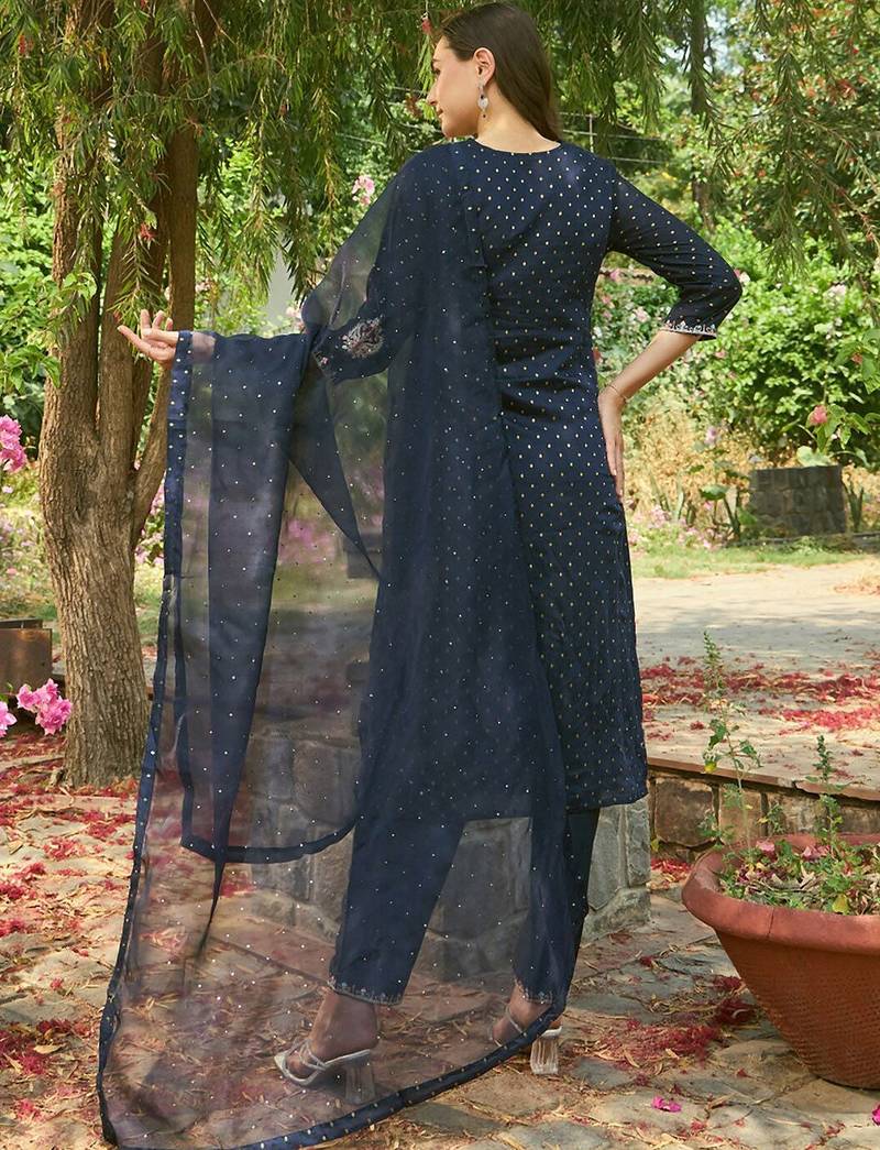 Round Neck Floral Embroidered Straight Kurta with Trouser & Dupatta