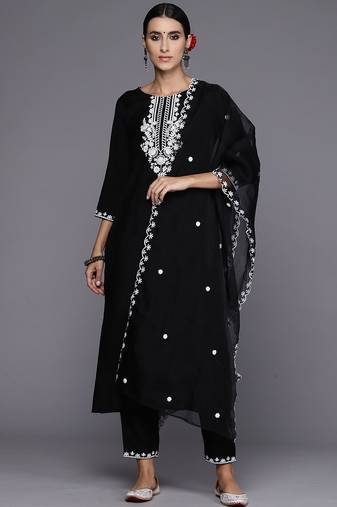 Floral Embroidered Straight Kurta with Trousers & Dupatta