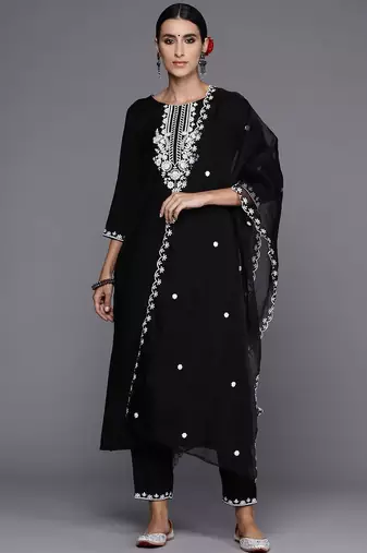 Floral Embroidered Straight Kurta with Trousers & Dupatta