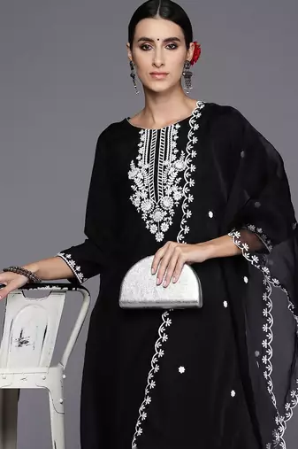 Floral Embroidered Straight Kurta with Trousers & Dupatta