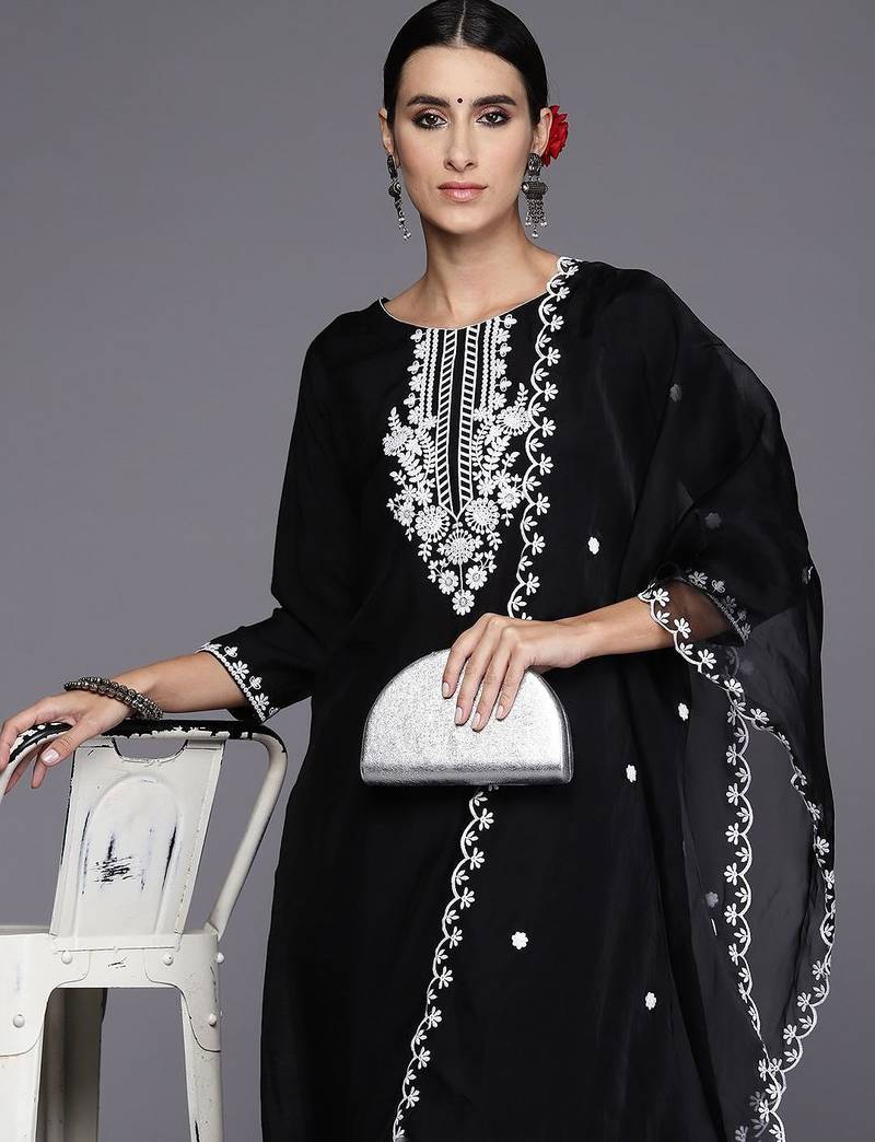 Floral Embroidered Straight Kurta with Trousers & Dupatta