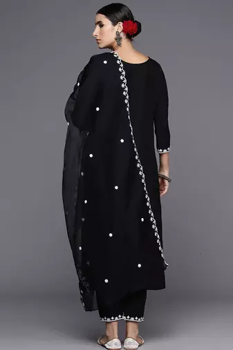 Floral Embroidered Straight Kurta with Trousers & Dupatta