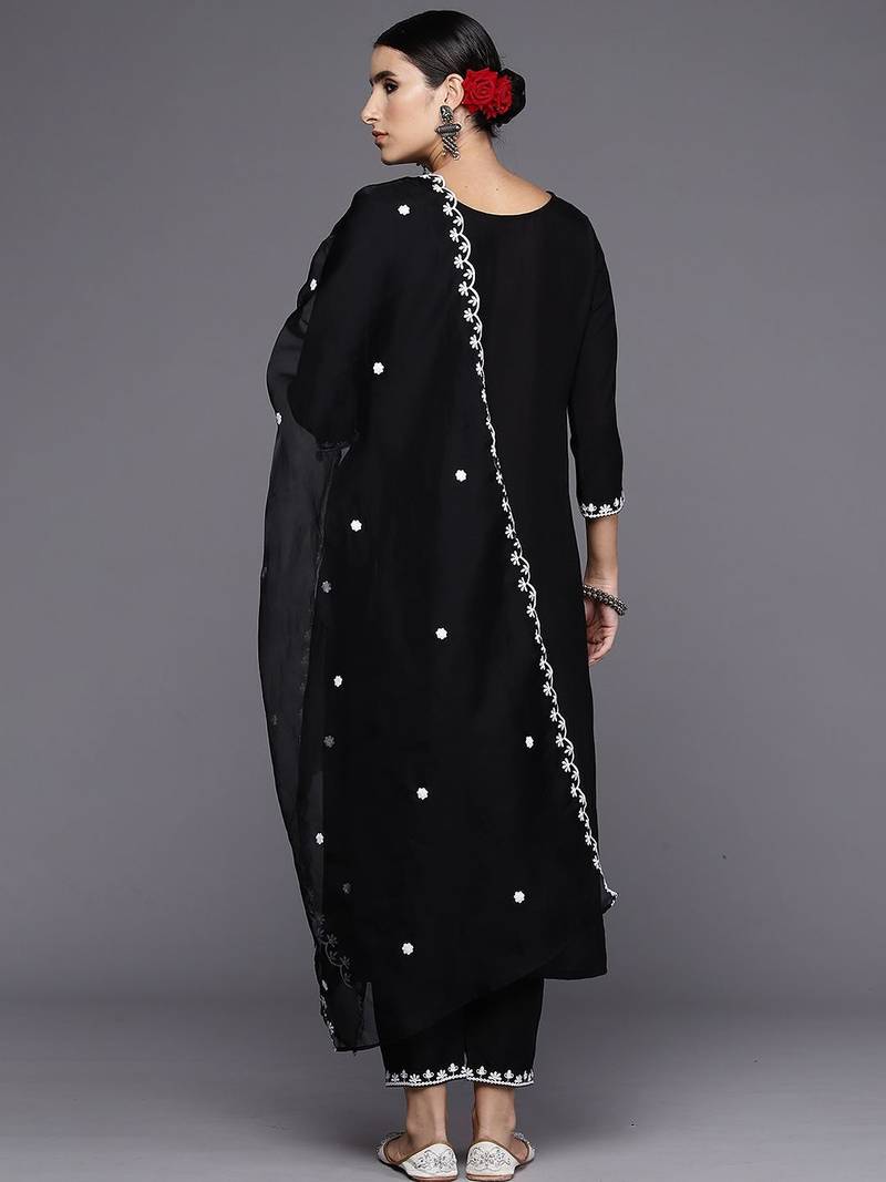 Floral Embroidered Straight Kurta with Trousers & Dupatta