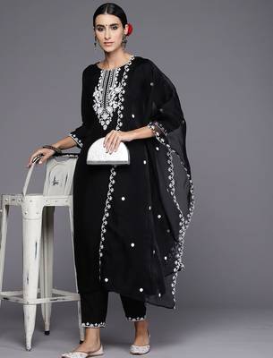 Floral Embroidered Straight Kurta with Trousers & Dupatta 6