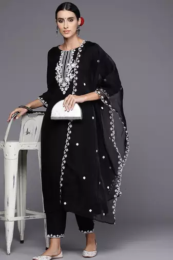 Floral Embroidered Straight Kurta with Trousers & Dupatta