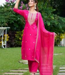 Floral Embroidered Thread Work Kurta with Trousers & Dupatta