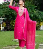Floral Embroidered Thread Work Kurta with Trousers & Dupatta