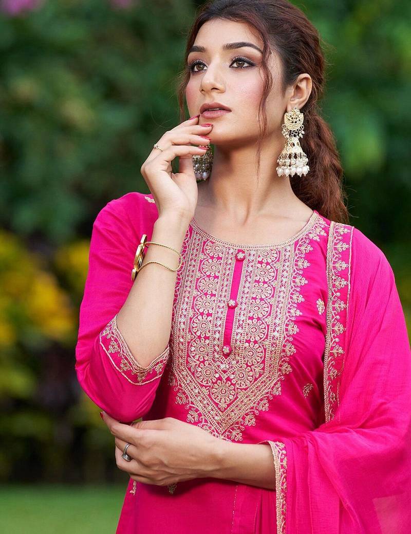 Floral Embroidered Thread Work Kurta with Trousers & Dupatta