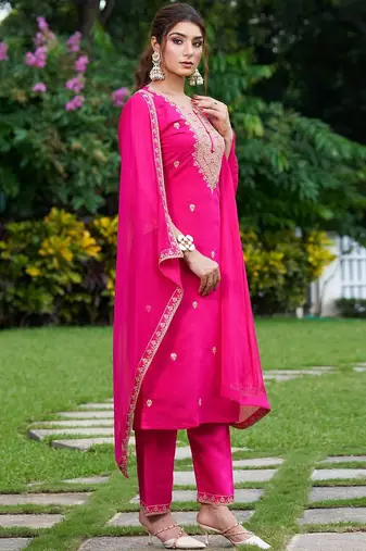 Floral Embroidered Thread Work Kurta with Trousers & Dupatta