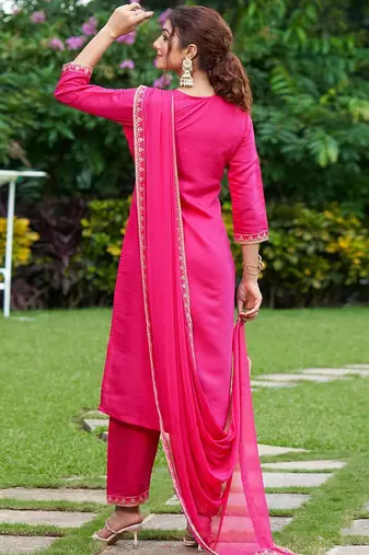 Floral Embroidered Thread Work Kurta with Trousers & Dupatta