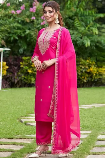 Floral Embroidered Thread Work Kurta with Trousers & Dupatta