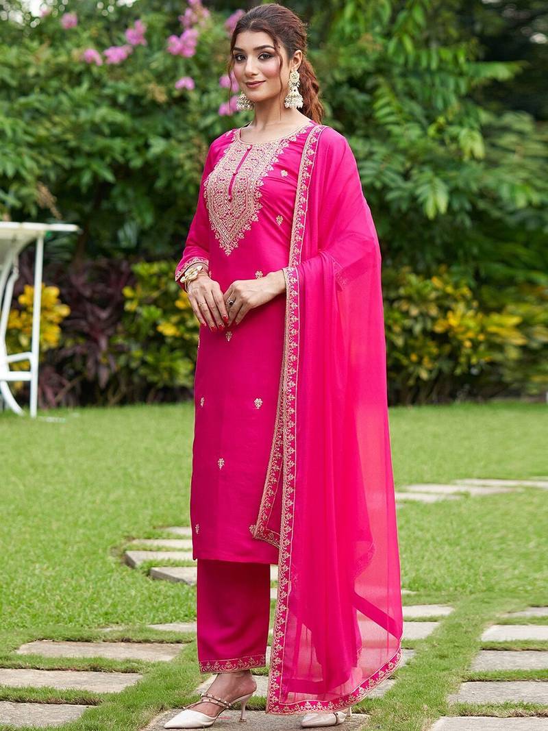 Floral Embroidered Thread Work Kurta with Trousers & Dupatta