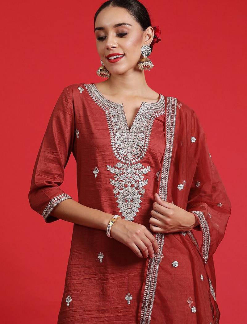 Ethnic Motifs Embroidered Sequinned Kurta With Trousers & Dupatta