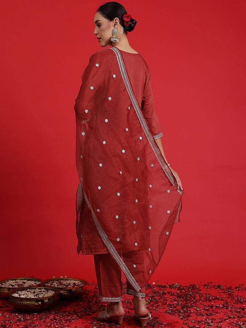 Ethnic Motifs Embroidered Sequinned Kurta With Trousers & Dupatta