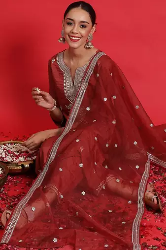 Ethnic Motifs Embroidered Sequinned Kurta With Trousers & Dupatta