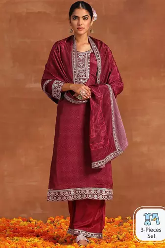 Ethnic Motifs Printed Sequinned Detail Straight Kurta & Palazzos With Dupatta