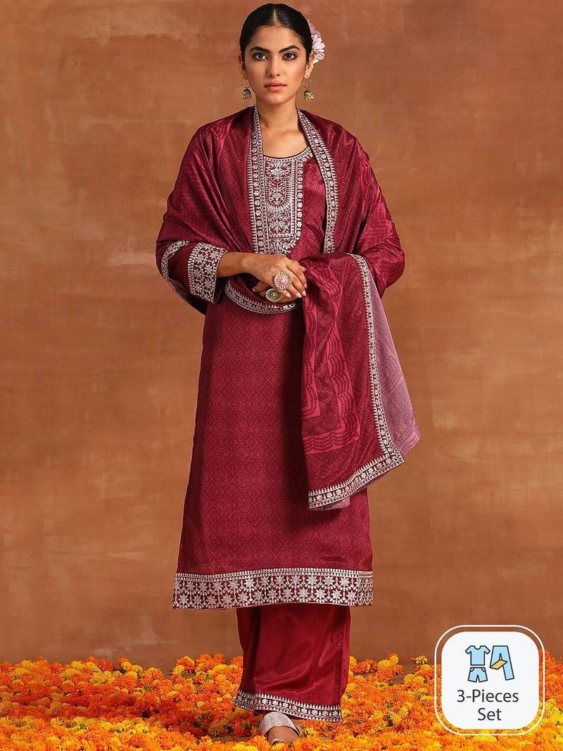 Ethnic Motifs Printed Sequinned Detail Straight Kurta & Palazzos With Dupatta