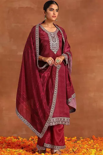 Ethnic Motifs Printed Sequinned Detail Straight Kurta & Palazzos With Dupatta