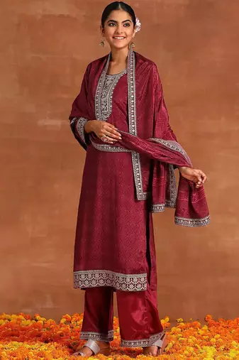 Ethnic Motifs Printed Sequinned Detail Straight Kurta & Palazzos With Dupatta
