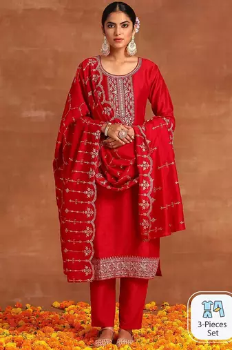 Pink Ethnic Motifs Sequinned Kurta With Trousers & Dupatta