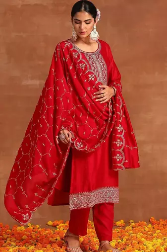 Pink Ethnic Motifs Sequinned Kurta With Trousers & Dupatta