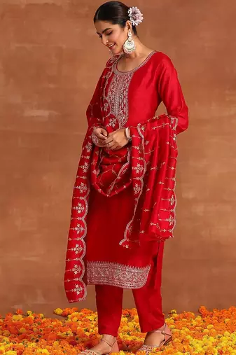 Pink Ethnic Motifs Sequinned Kurta With Trousers & Dupatta