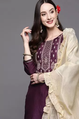Women Purple Ethnic Motifs Yoke Design Thread Work Kurta with Trousers & Dupatta