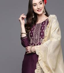 Women Purple Ethnic Motifs Yoke Design Thread Work Kurta with Trousers & Dupatta