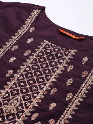 Women Purple Ethnic Motifs Yoke Design Thread Work Kurta with Trousers & Dupatta 3
