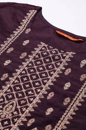 Women Purple Ethnic Motifs Yoke Design Thread Work Kurta with Trousers & Dupatta