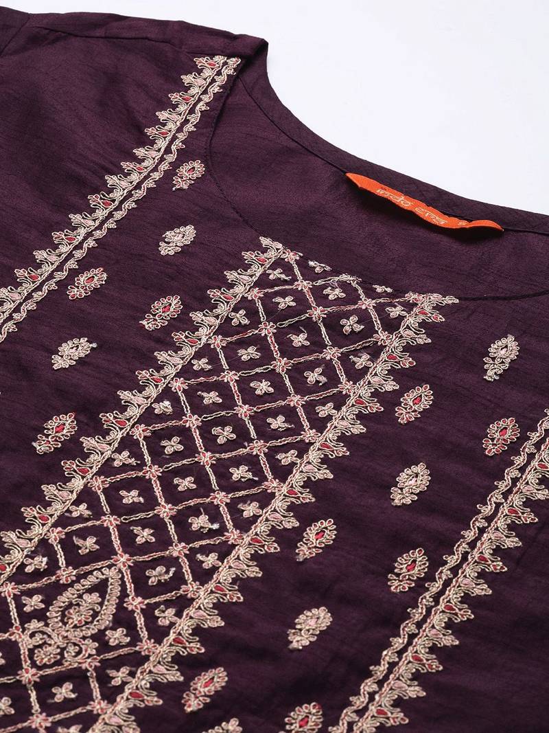 Women Purple Ethnic Motifs Yoke Design Thread Work Kurta with Trousers & Dupatta