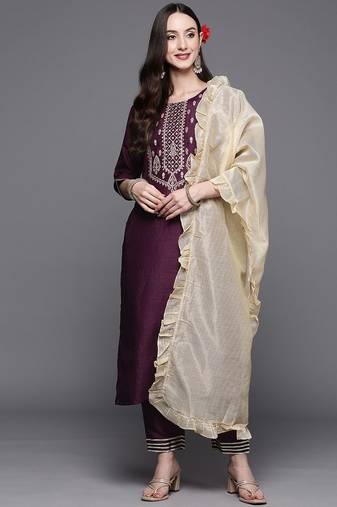 Women Purple Ethnic Motifs Yoke Design Thread Work Kurta with Trousers & Dupatta