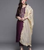 Women Purple Ethnic Motifs Yoke Design Thread Work Kurta with Trousers & Dupatta