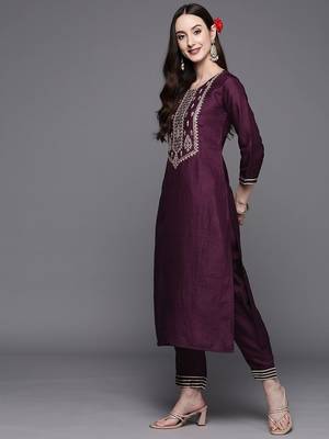 Women Purple Ethnic Motifs Yoke Design Thread Work Kurta with Trousers & Dupatta 6