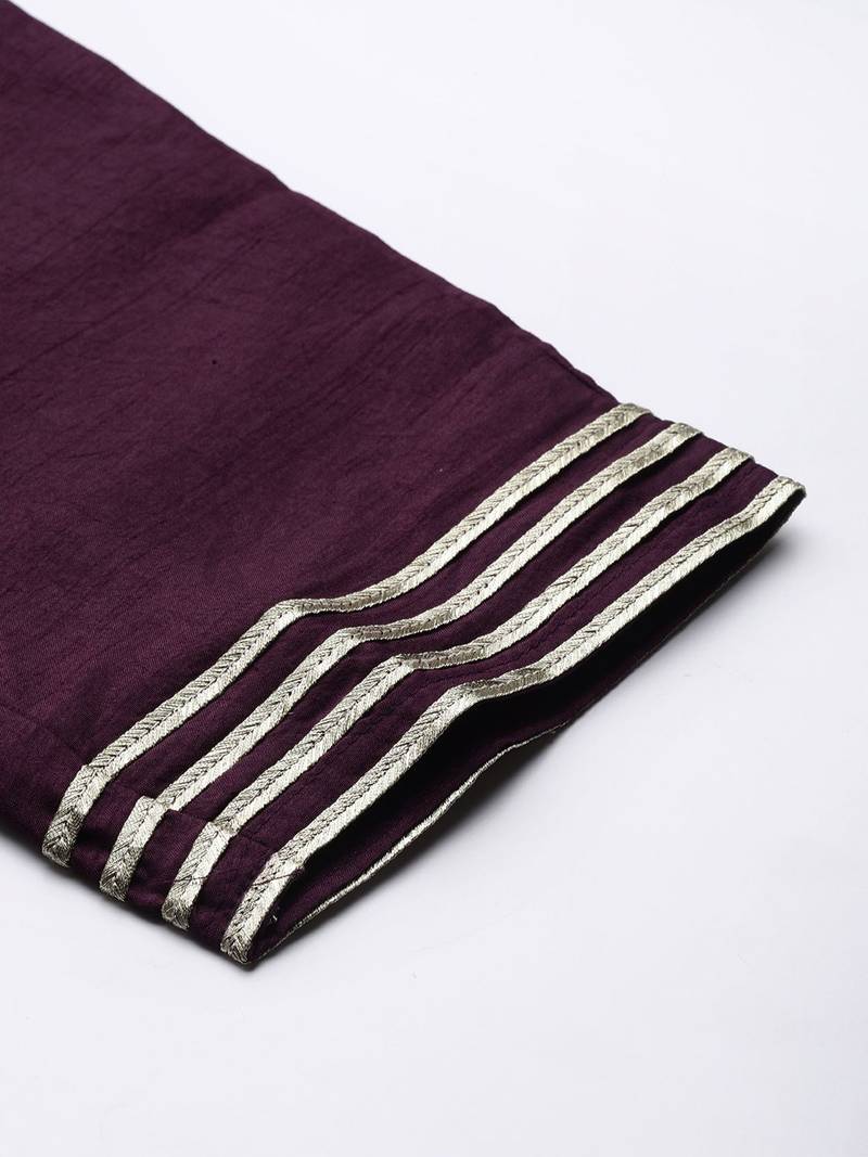 Women Purple Ethnic Motifs Yoke Design Thread Work Kurta with Trousers & Dupatta