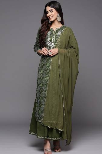 Women Green Bandhani Printed Thread Work Kurta with Sharara & With Dupatta