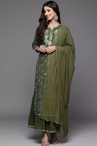 Women Green Bandhani Printed Thread Work Kurta with Sharara & With Dupatta