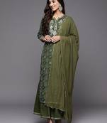 Women Green Bandhani Printed Thread Work Kurta with Sharara & With Dupatta