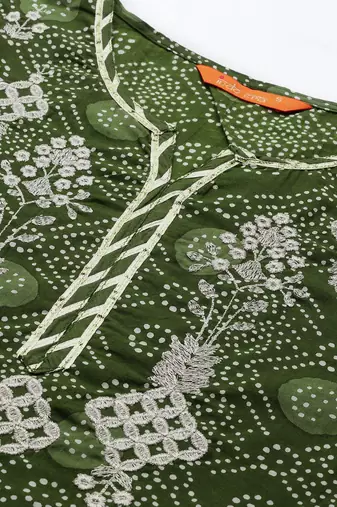Women Green Bandhani Printed Thread Work Kurta with Sharara & With Dupatta