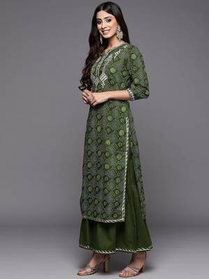 Women Green Bandhani Printed Thread Work Kurta with Sharara & With Dupatta 5