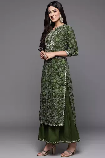Women Green Bandhani Printed Thread Work Kurta with Sharara & With Dupatta