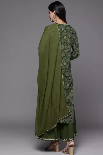 Women Green Bandhani Printed Thread Work Kurta with Sharara & With Dupatta