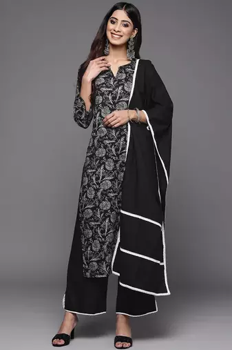 Women Black Floral Printed Kurta with Trousers & With Dupatta