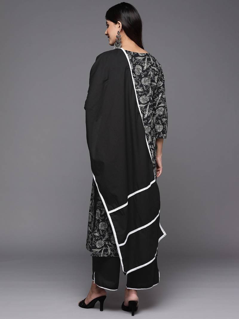 Women Black Floral Printed Kurta with Trousers & With Dupatta