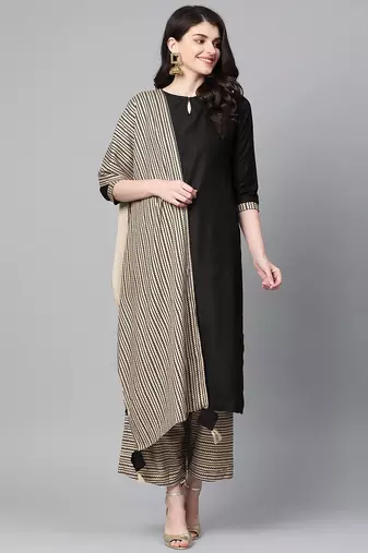 Women Black & Cream Printed Cotton Blend Kurta Set