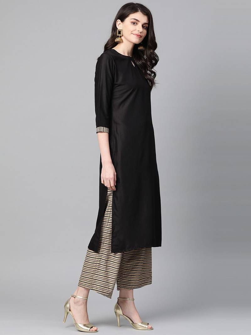 Women Black & Cream Printed Cotton Blend Kurta Set