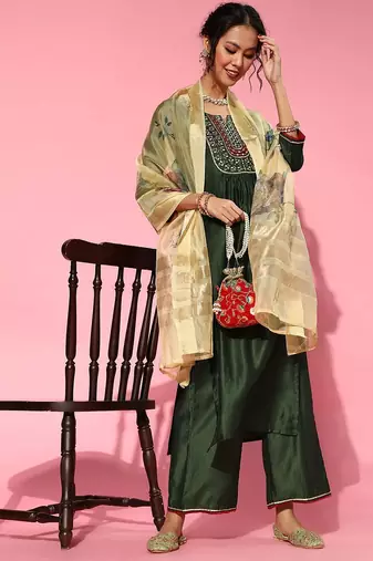 Green Silk Blend Calf Length Kurta Set