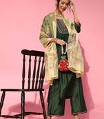 Green Silk Blend Calf Length Kurta Set