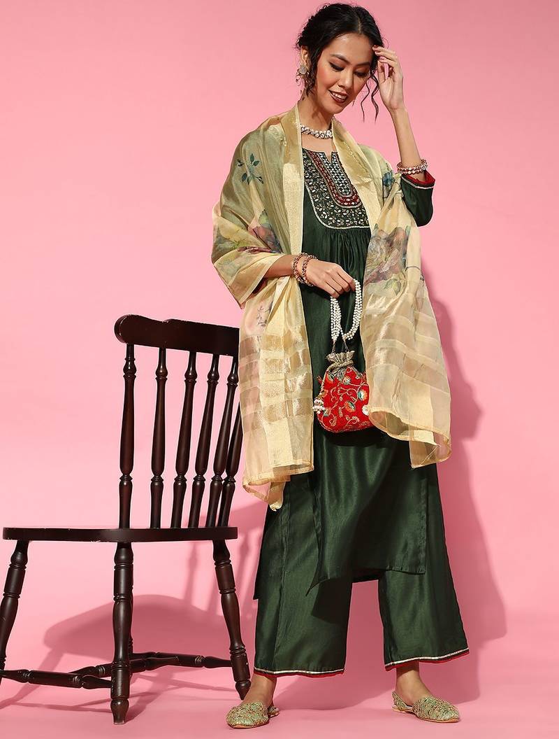 Green Silk Blend Calf Length Kurta Set